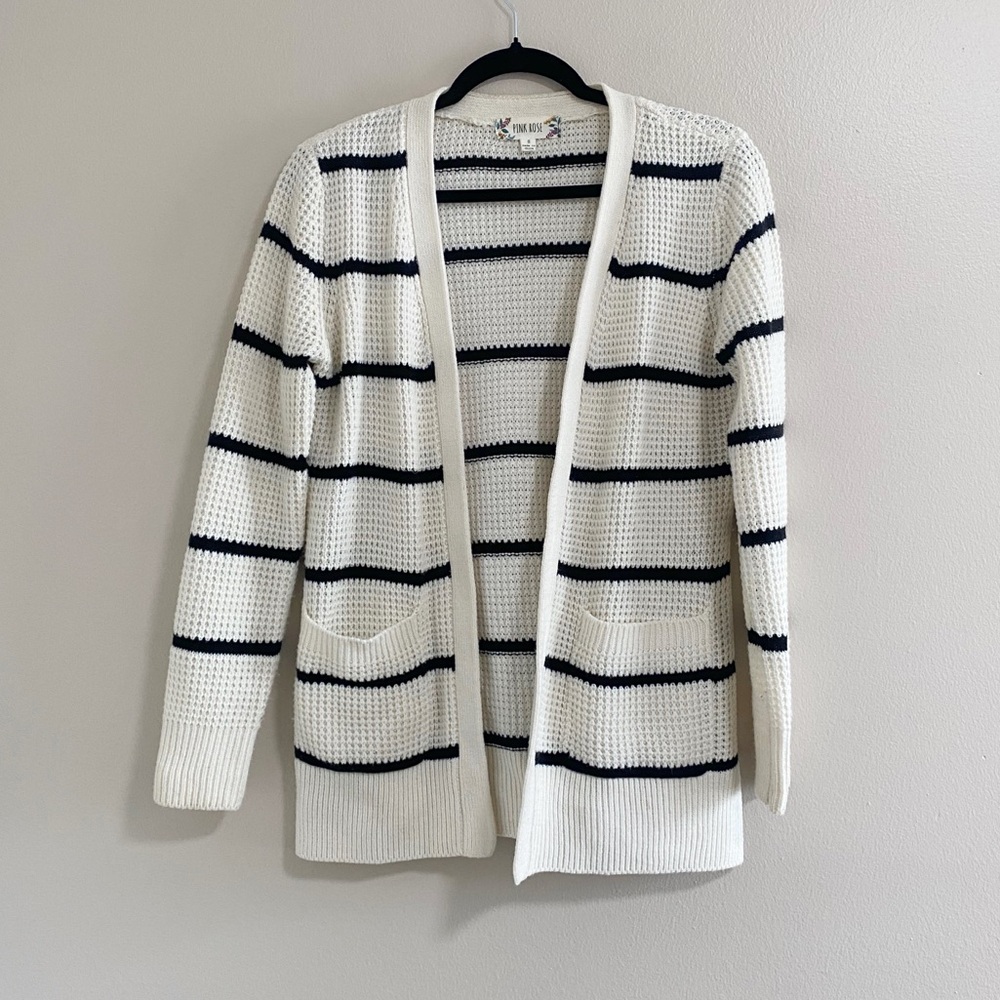 Pink Rose White and Black Stripe Cardigan Sweater Size Small